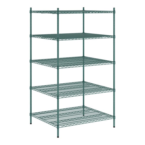 A green metal Regency wire shelving unit with 5 shelves.