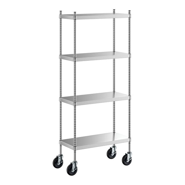 A Regency stainless steel mobile shelving unit with black wheels.