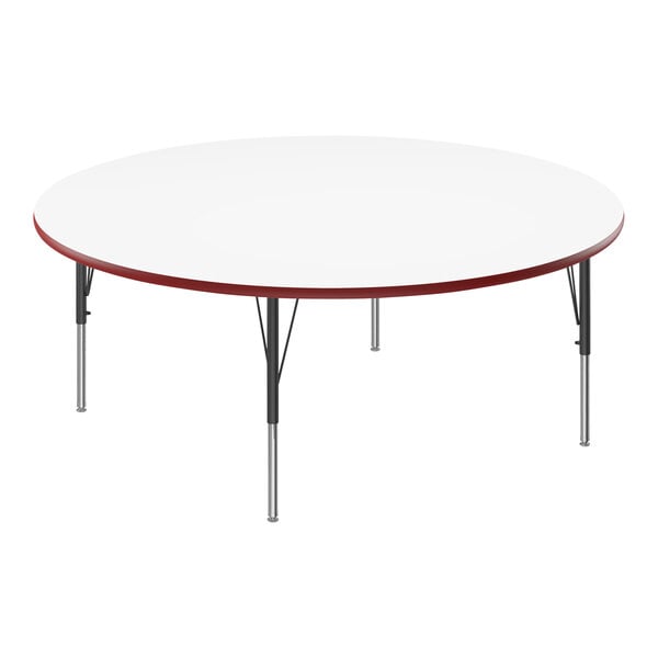 A white table with a red edge and black metal legs.