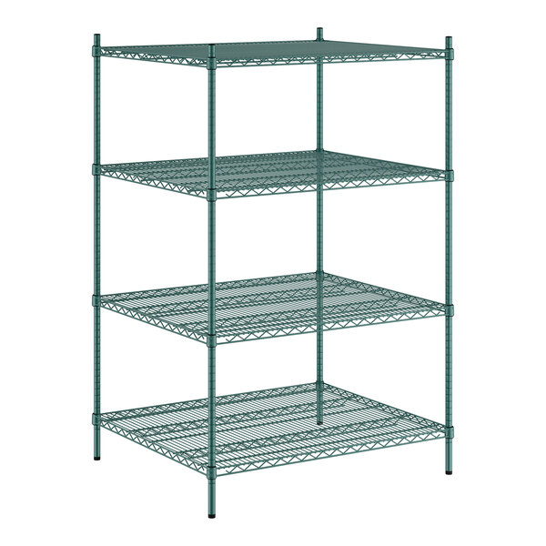 A green metal Regency wire shelving unit with four shelves.