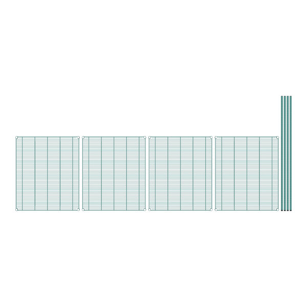 Regency stationary wire shelving with green grids and poles.