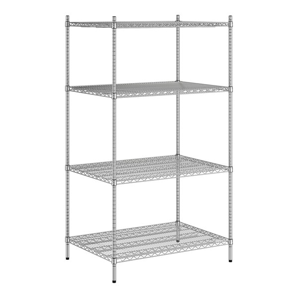 A wireframe of a Regency stainless steel shelving unit with 4 shelves.