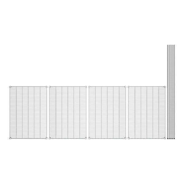 A white grid with black metal poles and shelves.