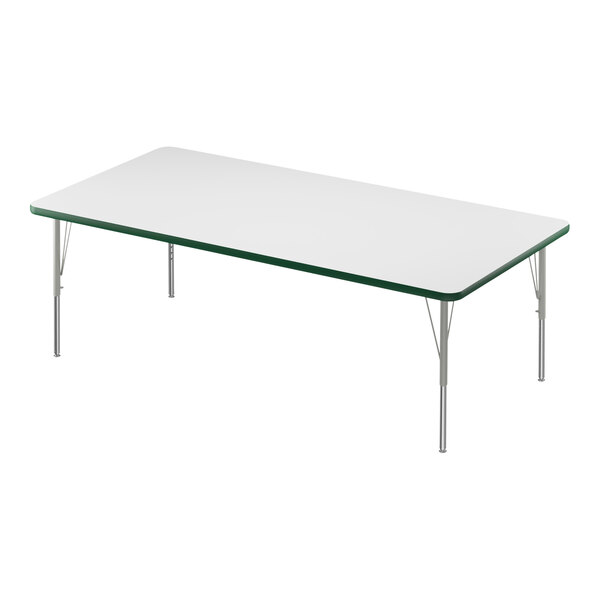 A white rectangular Correll activity table with silver legs and a green edge.