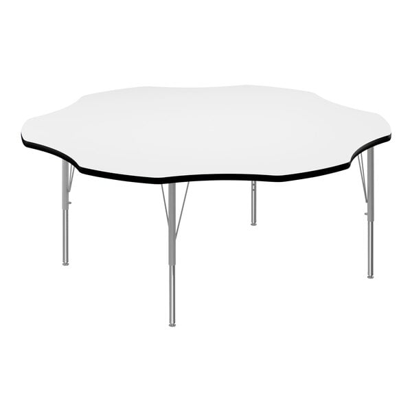 A white table with a black edge and metal legs.