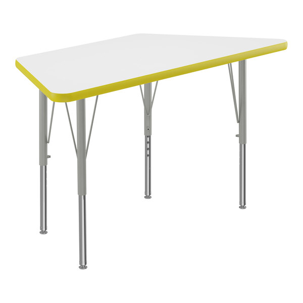 A white and yellow trapezoid table top with silver legs and yellow T-mold.