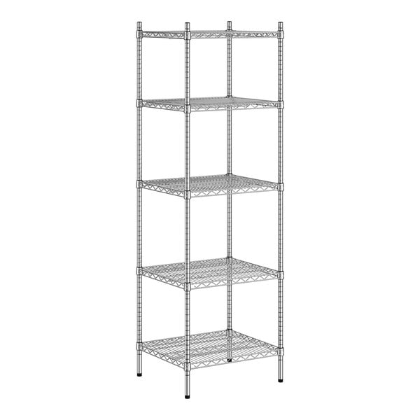 A wireframe of a Regency stainless steel shelving unit with four shelves.