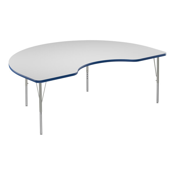 A white Correll activity table with a blue edge and metal legs.