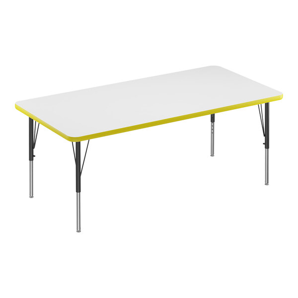 A white rectangular activity table with a yellow edge.