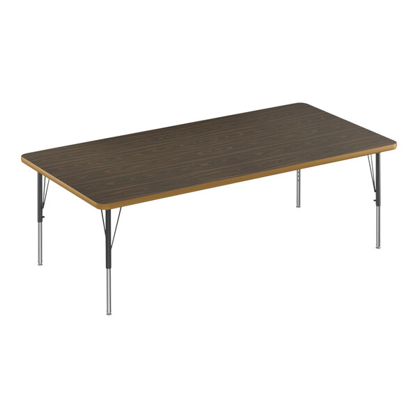 A rectangular Correll activity table with a walnut top and metal legs.