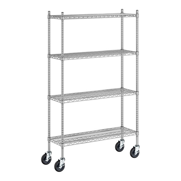 A Regency stainless steel wire shelving unit with wheels.