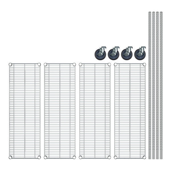 A Regency stainless steel wire shelving unit with wheels.