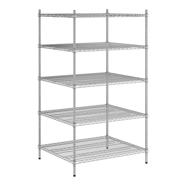 A wireframe of a Regency stainless steel shelving unit with four shelves.