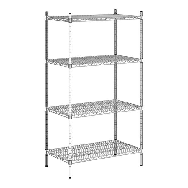 A wireframe of a Regency stainless steel shelving unit with four shelves.