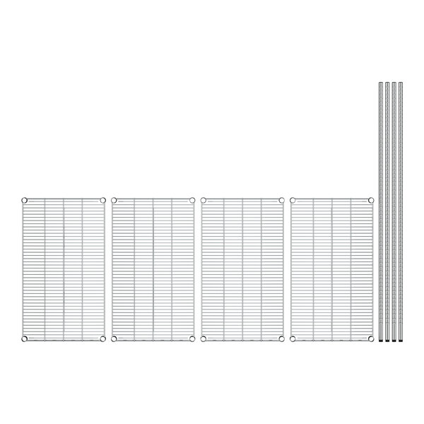 A white wire shelving unit with four metal grid shelves.