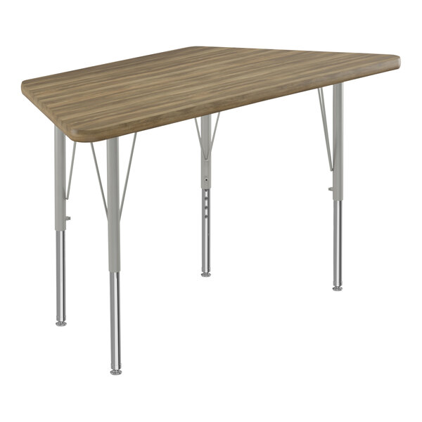 A trapezoid activity table with silver legs and a hickory top.