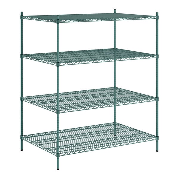 A green wire shelving unit with four shelves.