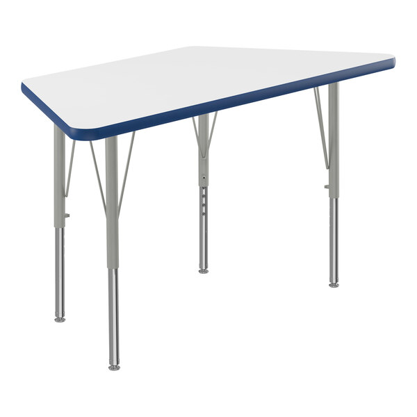 A white and blue trapezoid table top with silver legs and blue T-Mold.