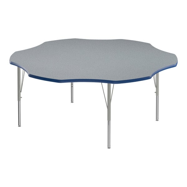 A Correll activity table with gray and blue top and silver legs.
