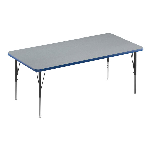 A rectangular activity table with gray legs and a blue edge.