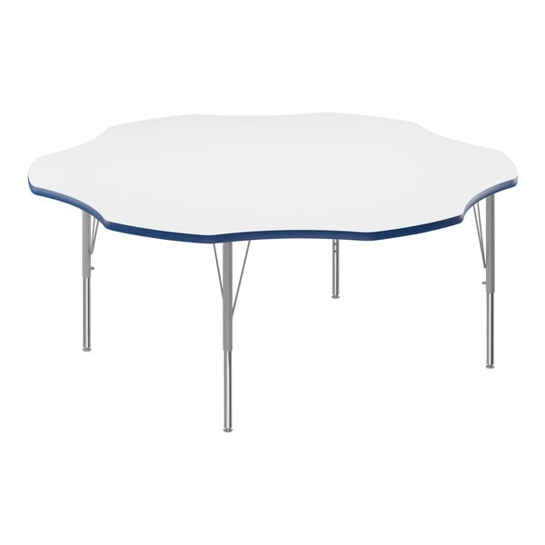 A white hexagon activity table with a blue edge.