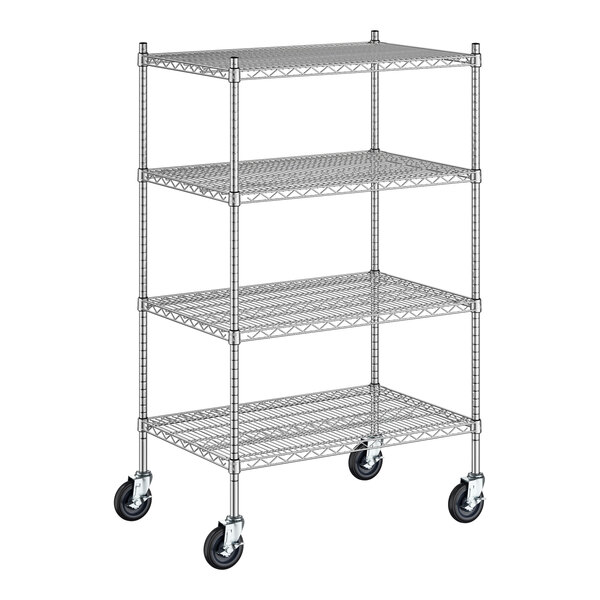 A Regency stainless steel wire shelving unit with wheels and four shelves.