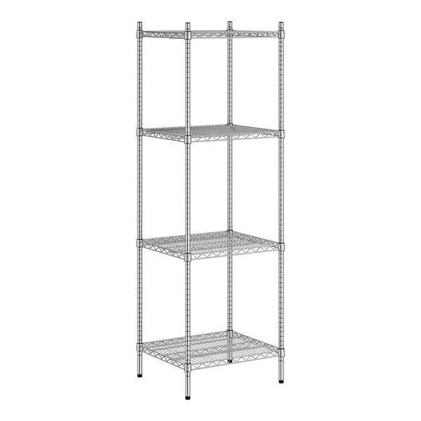 A wireframe of a Regency stainless steel shelving unit with four shelves.