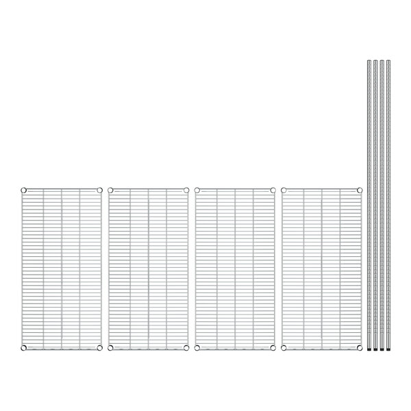 Regency stainless steel wire shelving with 4 wire mesh panels, 3 metal bars, and 3 metal grids.