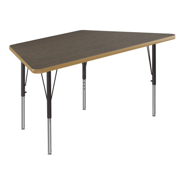 A trapezoid activity table with a walnut top and black legs.