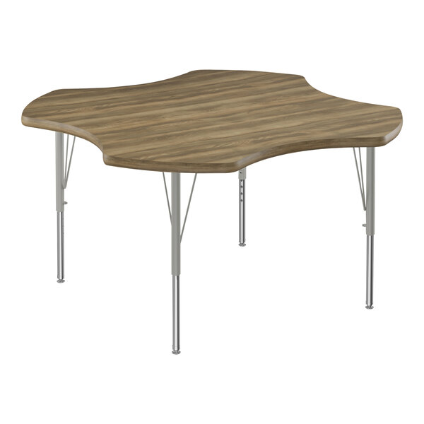 A brown Correll activity table with a wooden surface and silver legs.