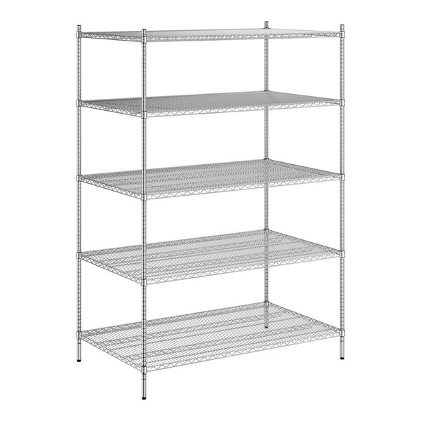 A Regency stainless steel wire shelving unit with five shelves.