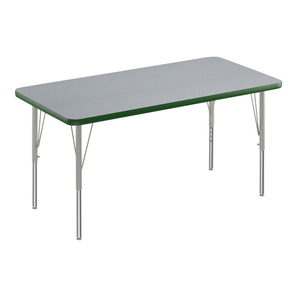 A rectangular activity table with a green border and silver legs.