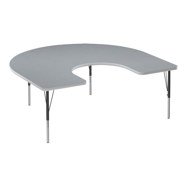 A grey Correll horseshoe-shaped activity table with black legs and grey T-mold.