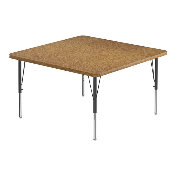 A square wooden Correll activity table with black metal legs.