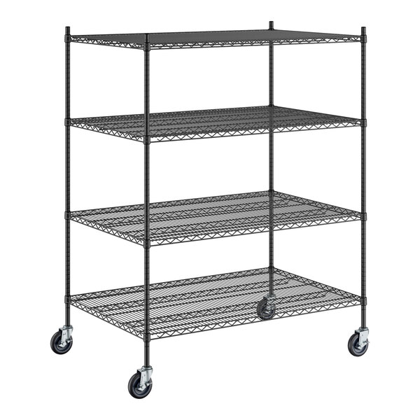 A black Regency mobile wire shelving unit with four shelves.