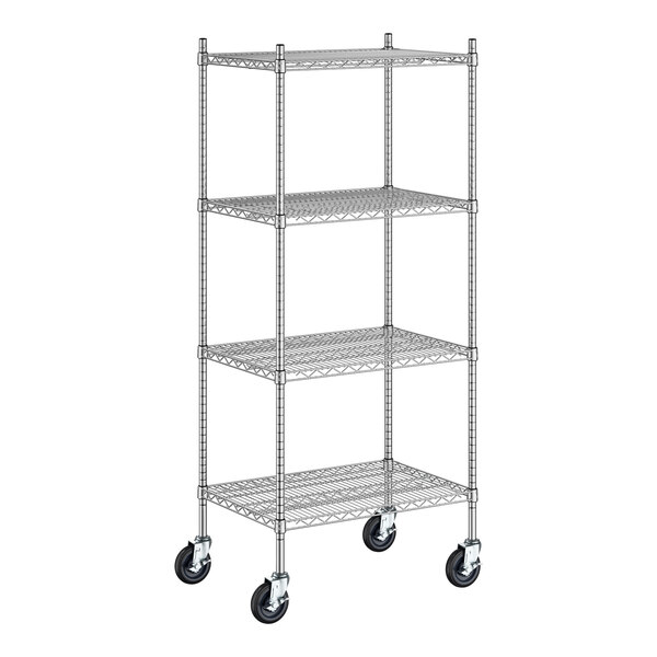 A Regency stainless steel wire shelving unit with wheels.