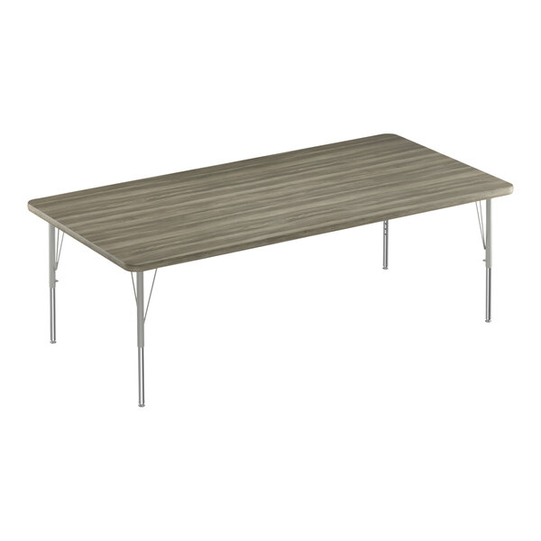 A rectangular Correll activity table with silver metal legs and a driftwood laminate top.