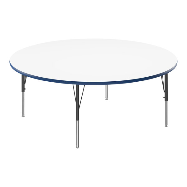 A white round activity table with a blue edge and black legs.