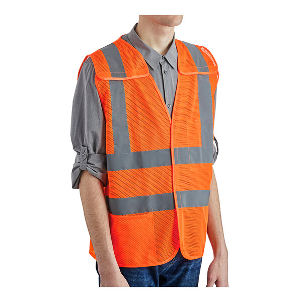 A man wearing a Lavex orange safety vest with reflective stripes.