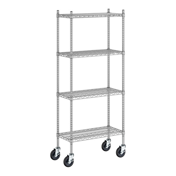 A Regency stainless steel wire shelving unit with wheels.