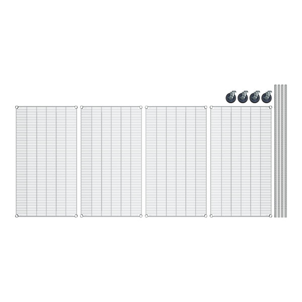 A Regency stainless steel wire shelving unit with four shelves and metal rods.