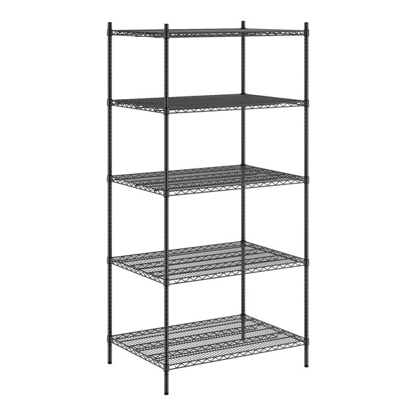 A black metal Regency wire shelving unit with five shelves.