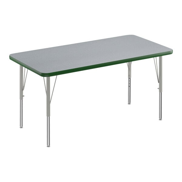 A rectangular activity table with a green border and silver legs.
