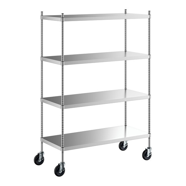 A Regency stainless steel shelving unit with wheels.