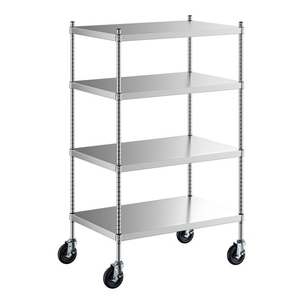 A Regency stainless steel mobile shelving starter kit with four shelves and wheels.