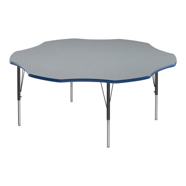 A grey Correll activity table with black legs and blue trim.