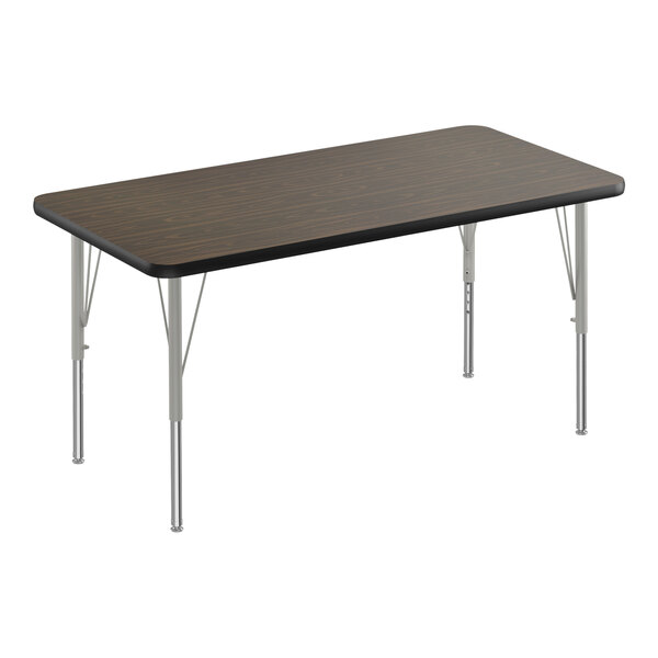 A Correll rectangular walnut activity table with silver legs and a black edge.