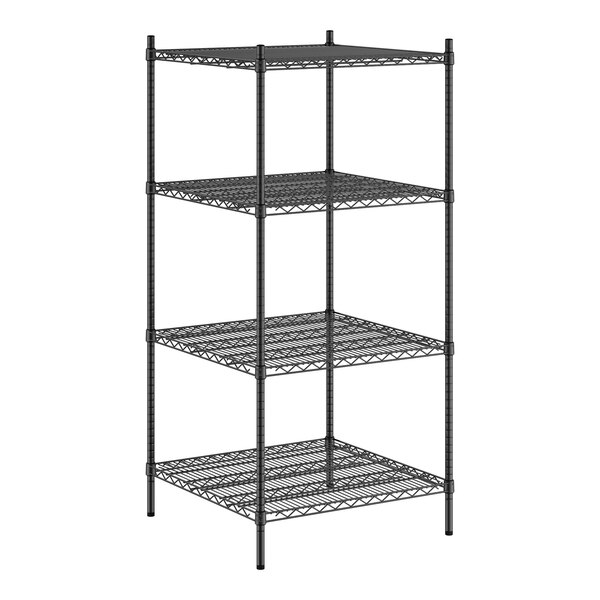 A Regency black wire shelving unit with four shelves.