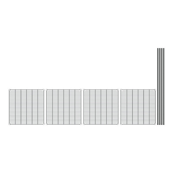 A row of black metal grids with black lines and holes in the panels.