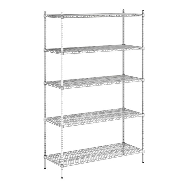 A Regency stainless steel wire shelving unit with five shelves.